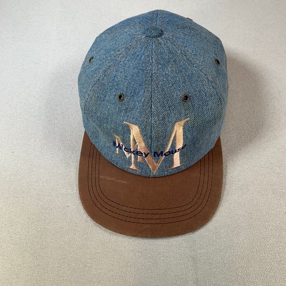 VINTAGE Mickey Mouse Hat Cap Strapback Blue  Denim Leather Adult USA 90s goofy main image 4